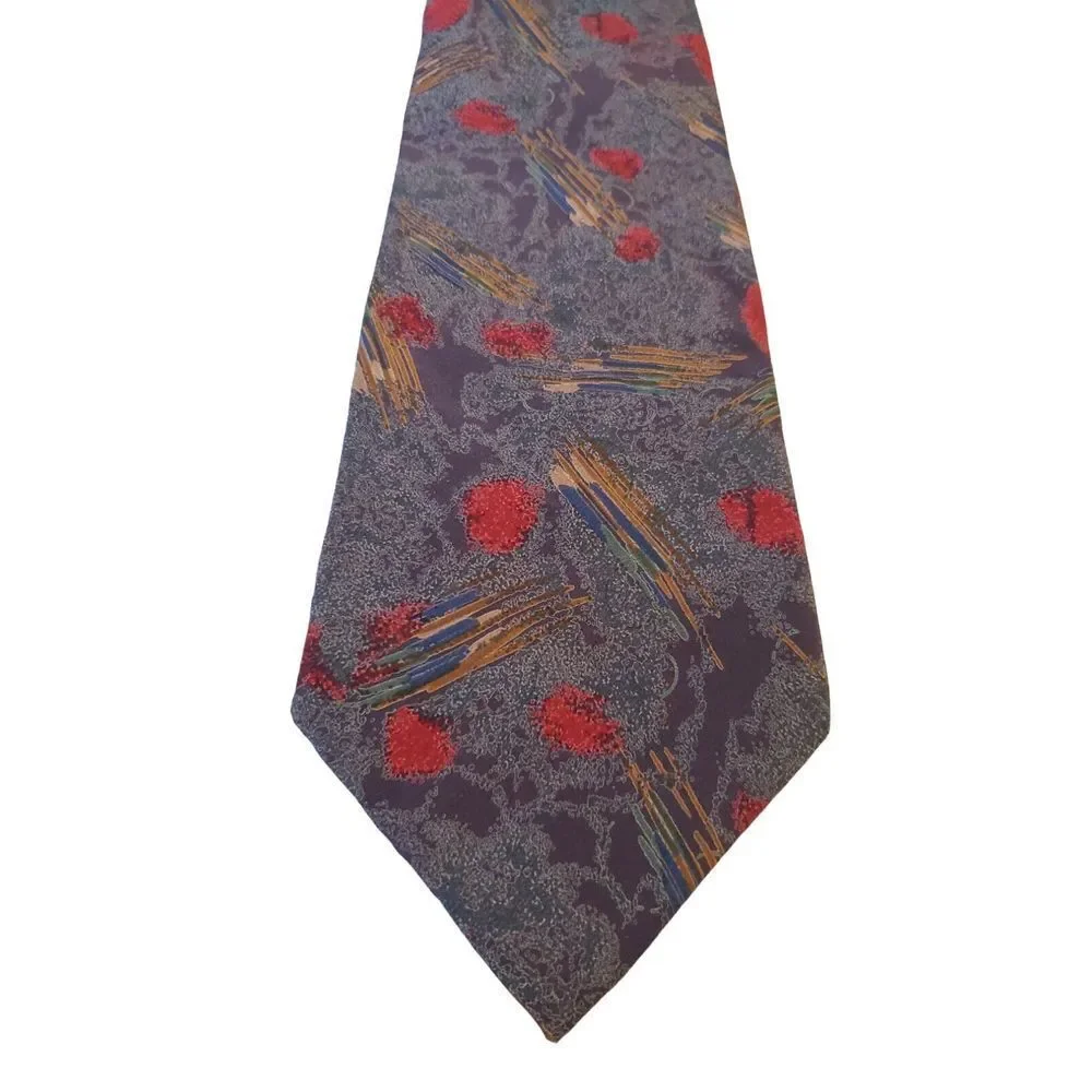 Vintage Secours Abstract Multicolor NeckTie 100% Silk Blues and Reds‎